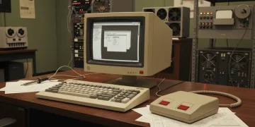 Primeiro mouse da Xerox com dois botões sobre mesa de laboratório nos anos 1970