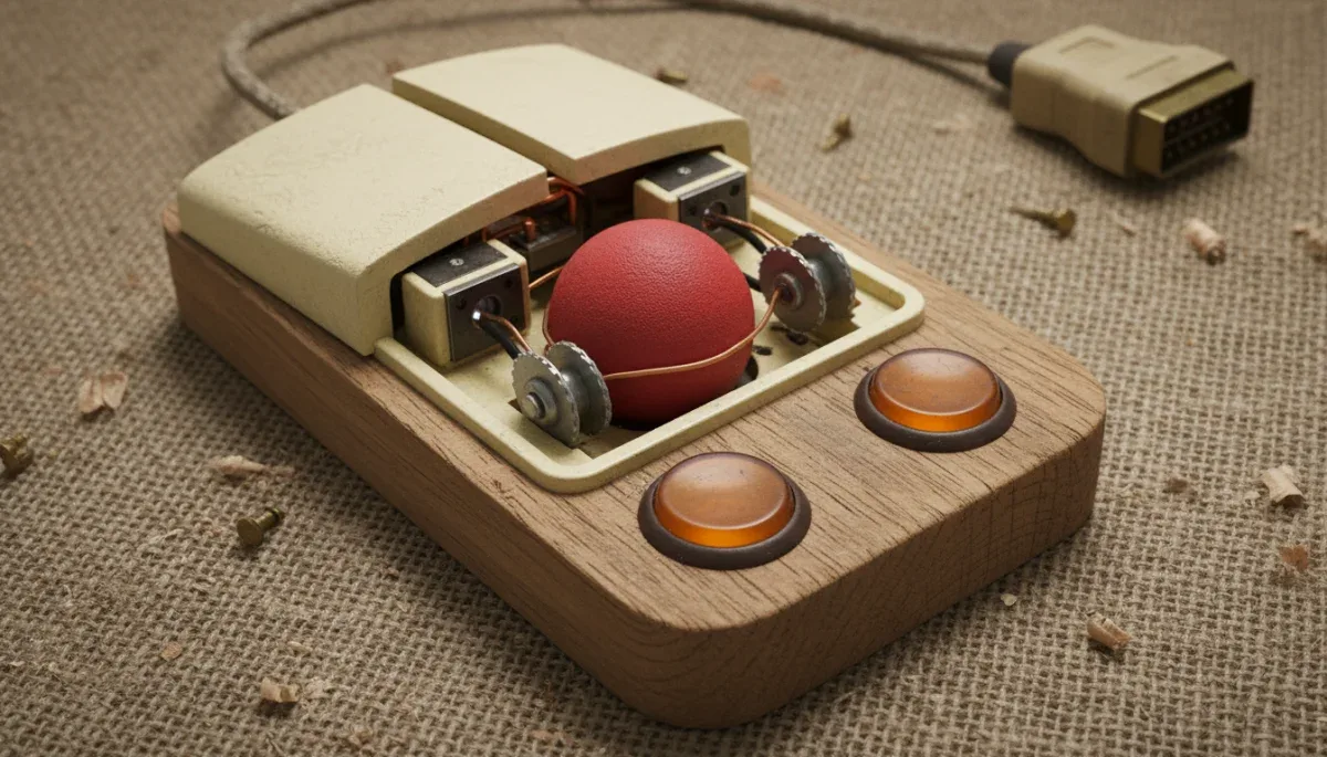 Detalhes dos botões e mecanismo interno do mouse pioneiro de dois botões