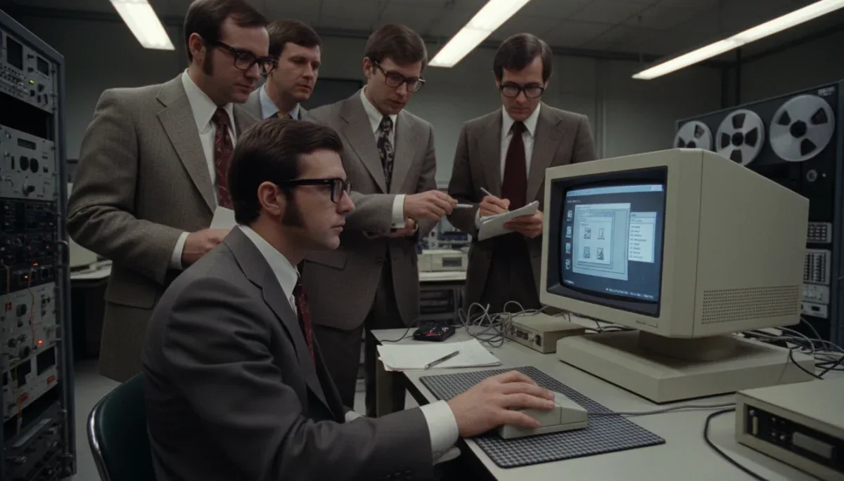 Pesquisadores testando a interface gráfica do Xerox Alto com o mouse inovador