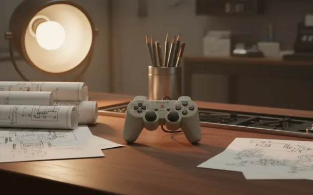 Primeiro controle do PlayStation clássico cinza sobre mesa de trabalho de engenharia