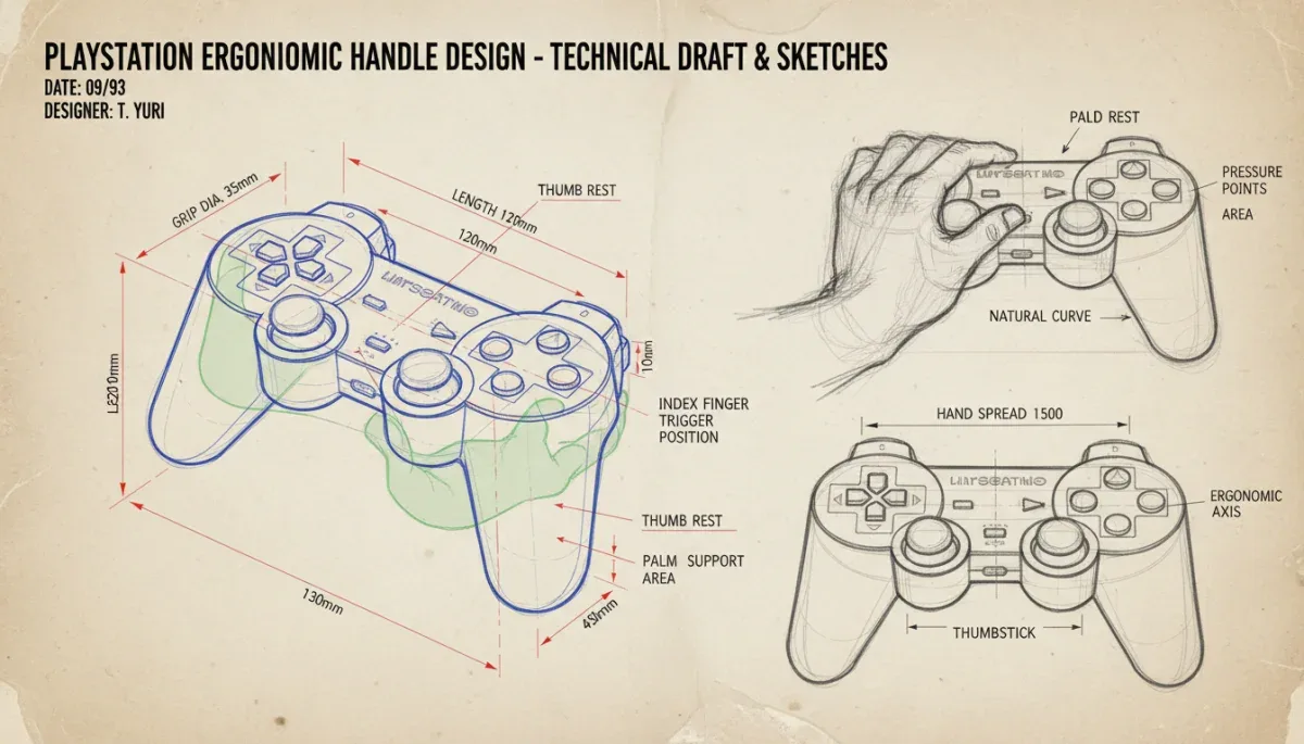 Esboço técnico da ergonomia tridimensional do joystick clássico da Sony