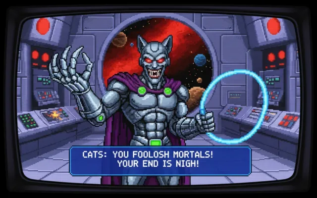 Cena em pixel art do vilão CATS no jogo Zero Wing de Mega Drive