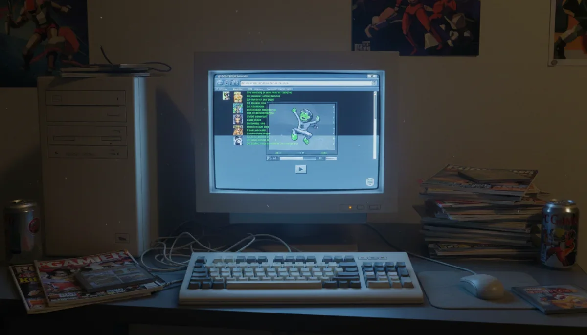 Computador antigo dos anos 2000 reproduzindo animação clássica em Flash