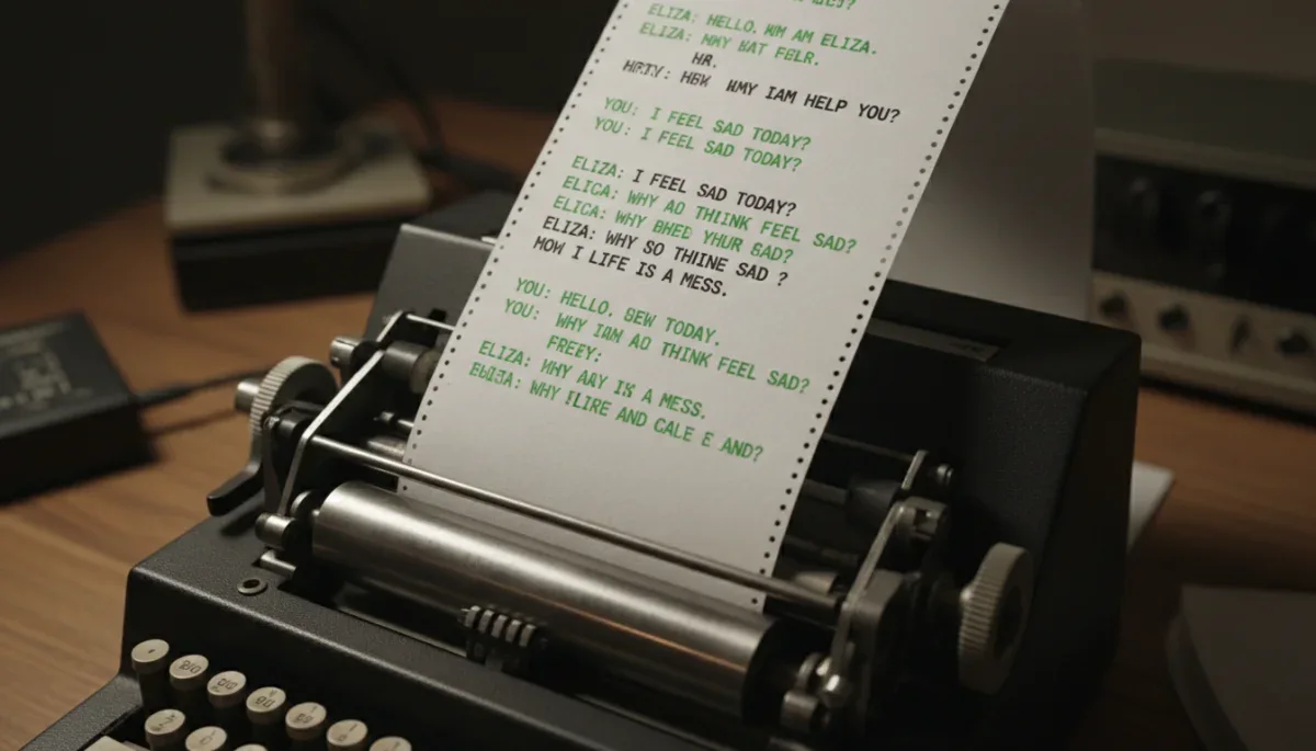 Transcrição impressa em papel contínuo de um diálogo entre um usuário e o chatbot ELIZA.