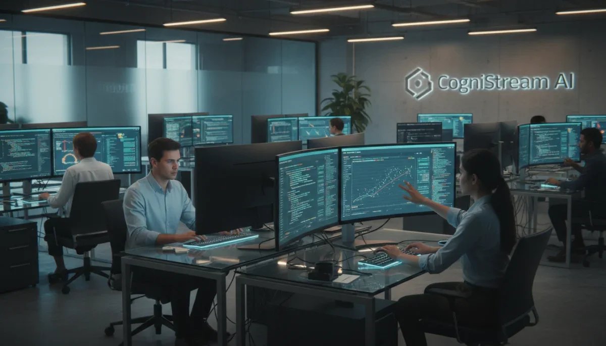 Programadores analisando dados e códigos de inteligência artificial em telas de computador