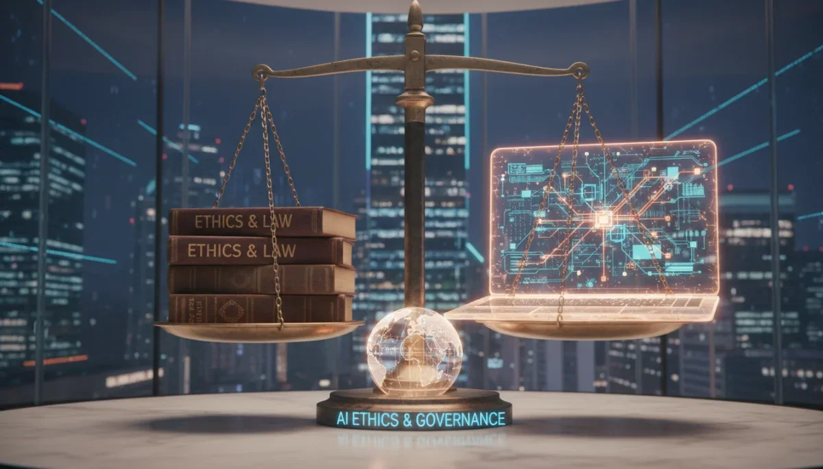 Balança da justiça ao lado de tecnologia digital simbolizando ética em inteligência artificial