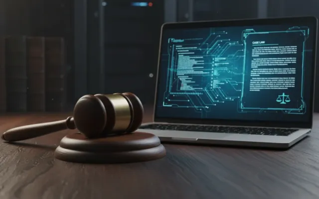 Martelo de juiz ao lado de notebook exibindo códigos de inteligência artificial em tribunal