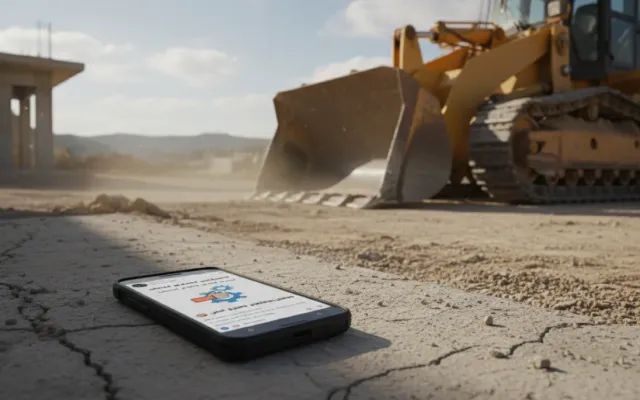 Celular exibindo tela de rede social em um canteiro de obras ao lado de maquinário pesado