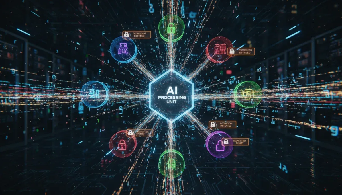 Visualização conceitual de algoritmo de inteligência artificial analisando dados de texto e traduções digitais