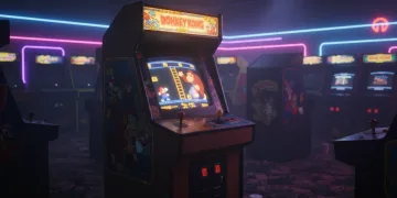Gabinete clássico de arcade do jogo Donkey Kong iluminado em sala temática retrô.