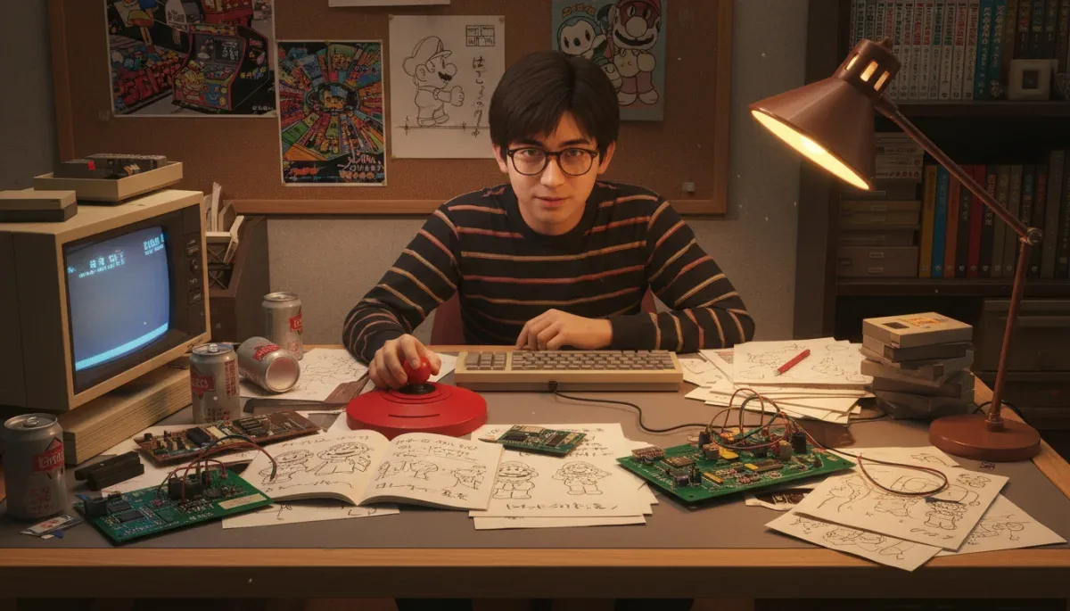 Mesa de criação de jogos retrô com esboços conceituais dos primeiros personagens da Nintendo.