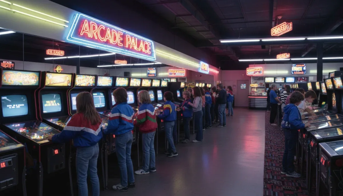 Salão de fliperama dos anos 1980 movimentado com jogadores ao redor de máquinas de arcade.