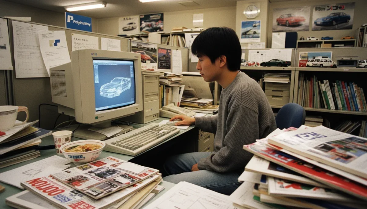 Kazunori Yamauchi trabalhando no desenvolvimento do primeiro Gran Turismo nos anos 90
