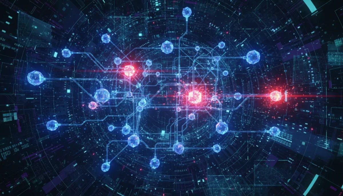 Visualização abstrata de nós de rede e pacotes de dados sofrendo interrupção em ambiente digital.