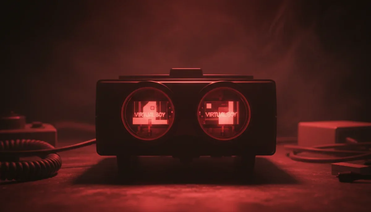 Detalhe dos visores internos do Virtual Boy destacando o brilho dos espelhos e LEDs vermelhos.