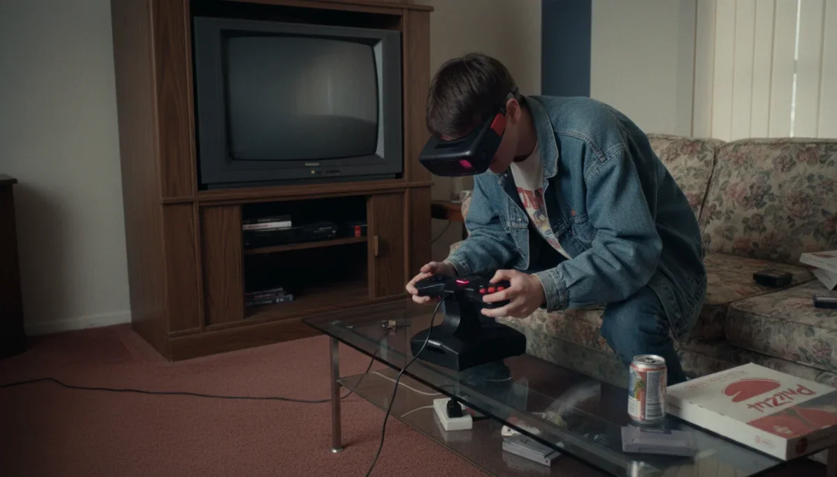 Jogador demonstrando a postura desconfortável e curvada exigida pelo headset do Virtual Boy.