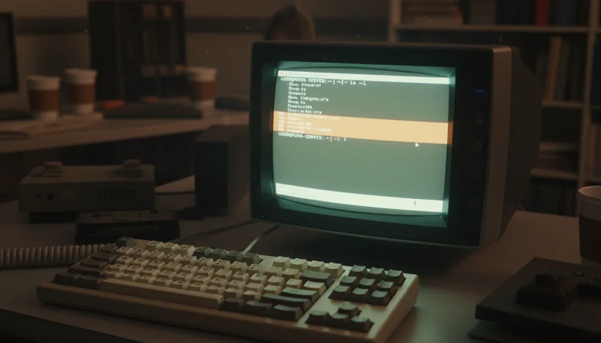 Terminal Unix antigo em monitor CRT exibindo linhas de comando.