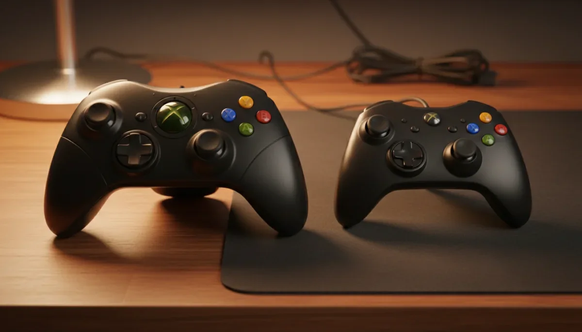Comparação de tamanho entre o primeiro controle do Xbox Duke e o modelo Controller S menor.