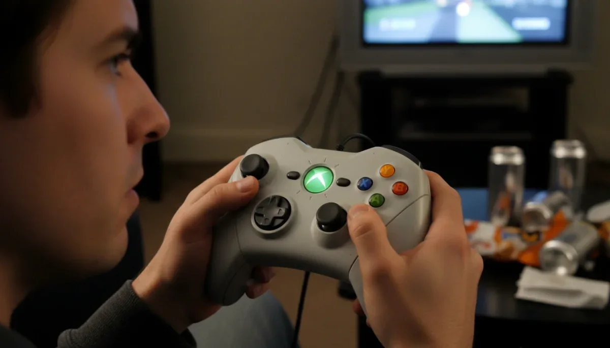 Jogador segurando o primeiro controle do Xbox com as mãos posicionadas sobre os botões avantajados.