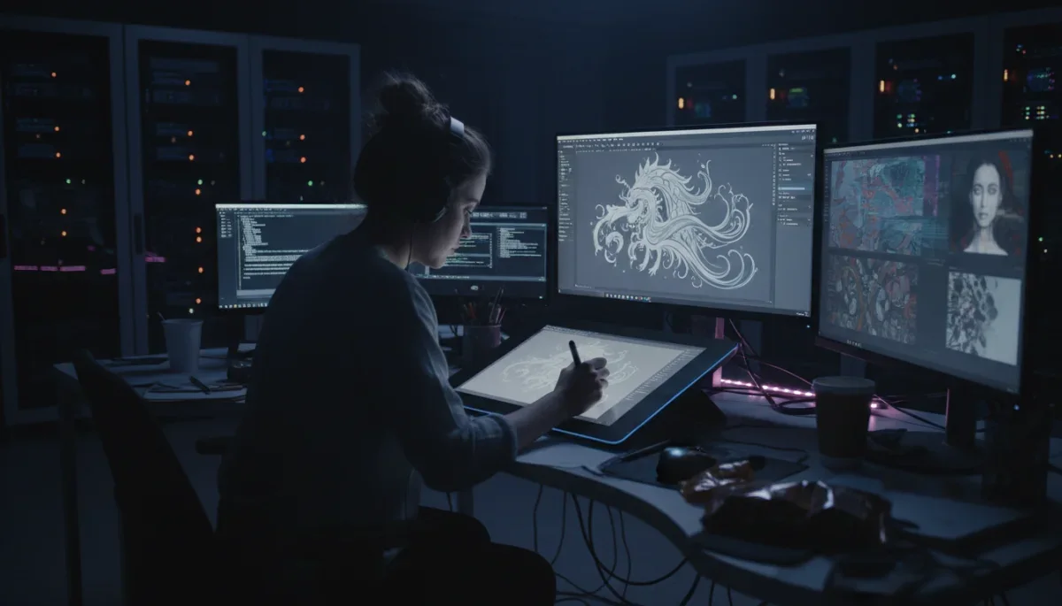 Artista digital trabalhando em frente a monitores em estúdio escuro.