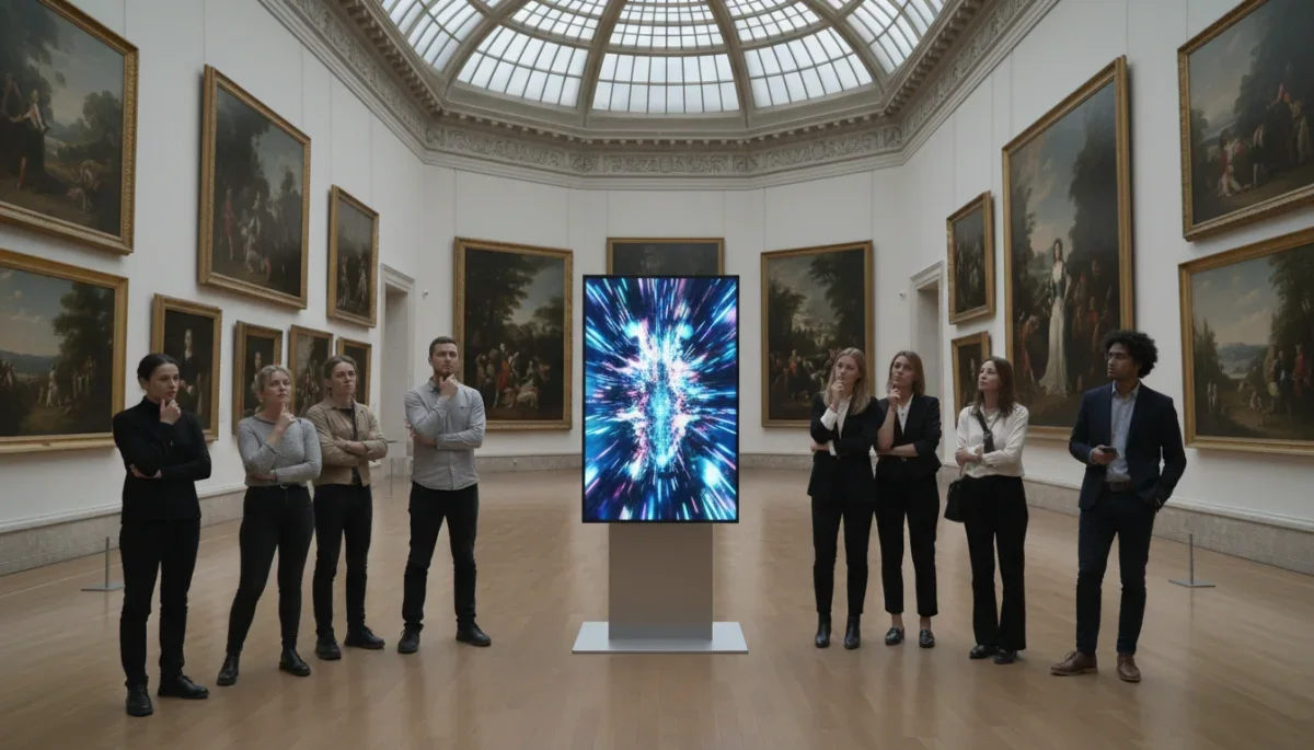 Galeria de arte contemporânea com visitantes observando telas digitais e clássicas.
