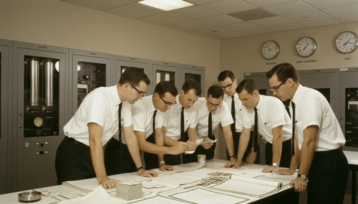Engenheiros da NASA na década de 1960 analisando cartões perfurados e dados de computador.