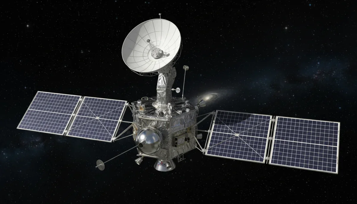 Representação visual da sonda espacial Mariner 1 com painéis solares e antenas de transmissão.