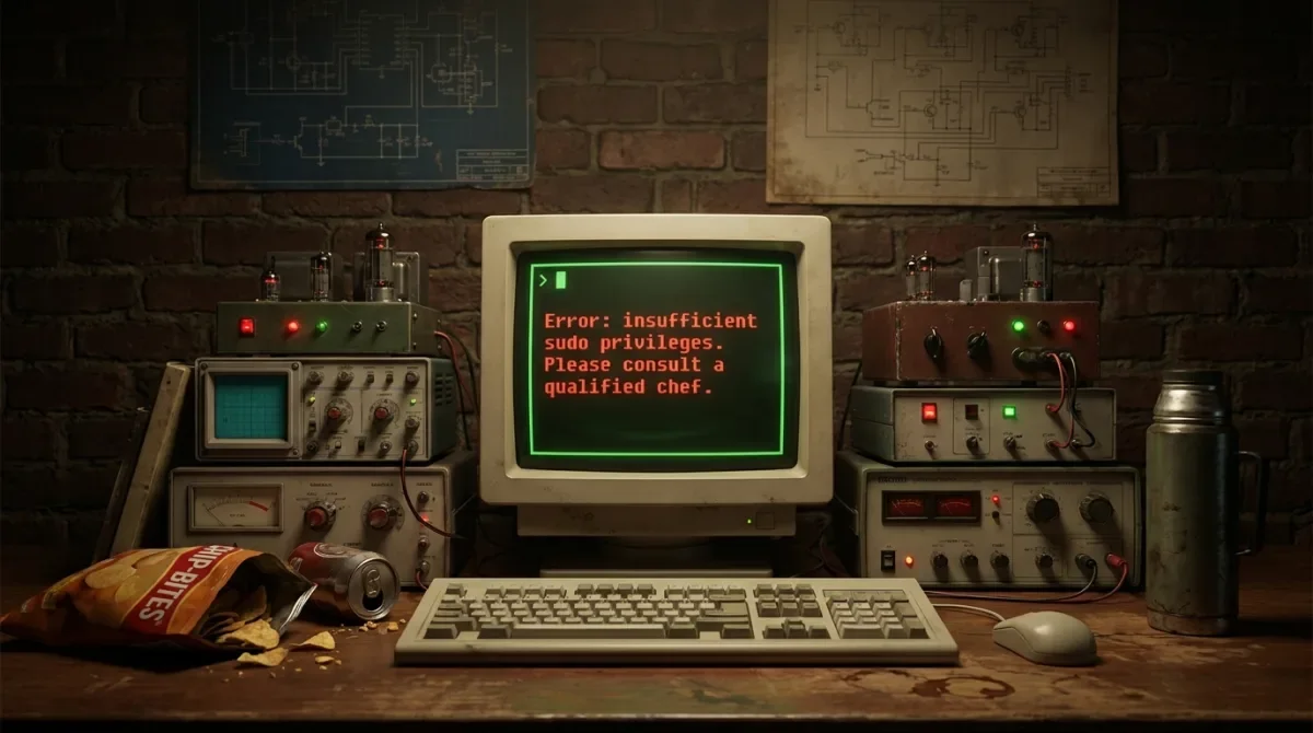 Terminal de computador antigo exibindo tela de erro divertida do sistema operacional Linux.