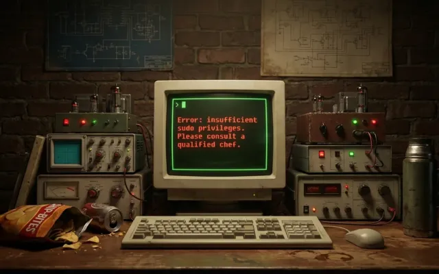 Terminal de computador antigo exibindo tela de erro divertida do sistema operacional Linux.