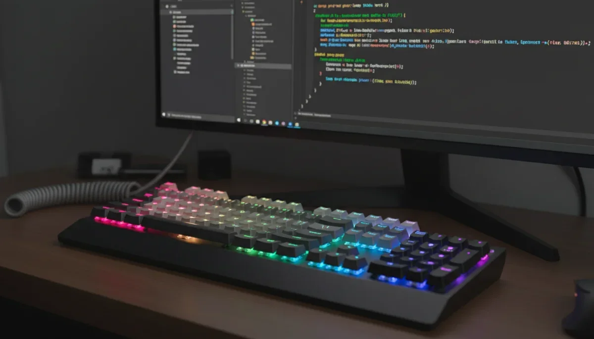 Teclado mecânico iluminado ao lado de tela com códigos de configuração do sistema Linux.