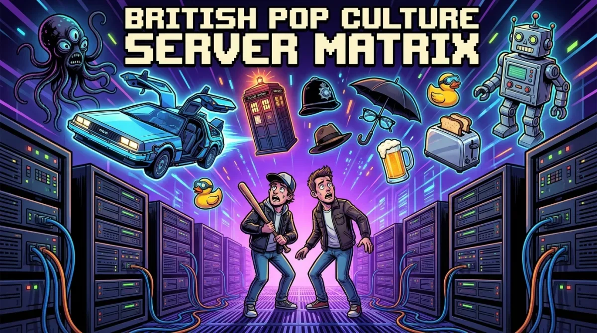 Ilustração conceitual unindo referências da cultura pop e servidores de tecnologia digital.