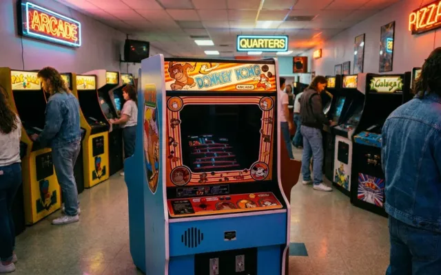 Gabinete clássico de arcade do jogo Donkey Kong iluminado por luzes neon