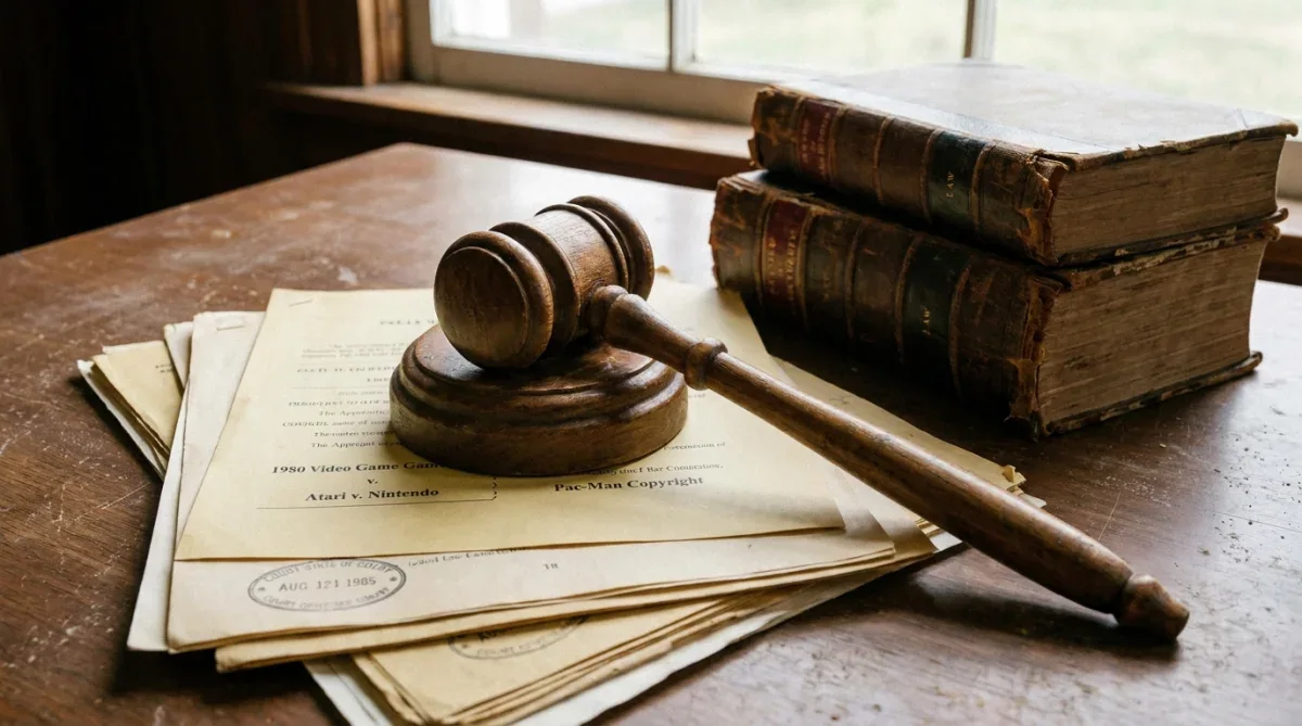 Martelo de tribunal de justiça sobre documentos antigos e referências de jogos eletrônicos