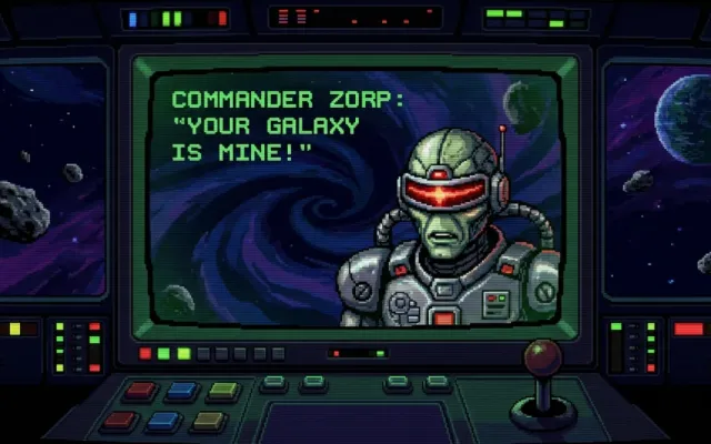 Cena em pixel art do vilão espacial de Zero Wing na tela de comando de uma nave.