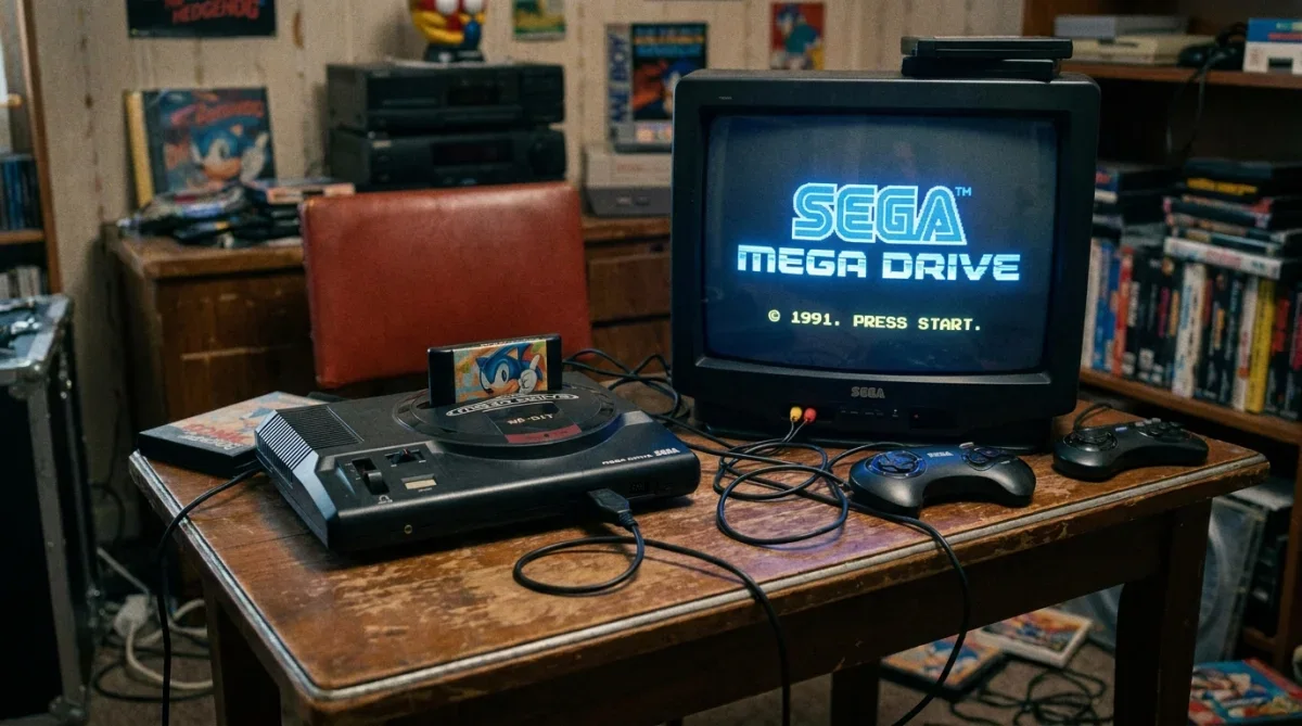 Cartucho clássico do Mega Drive conectado a uma TV de tubo antiga dos anos 90.