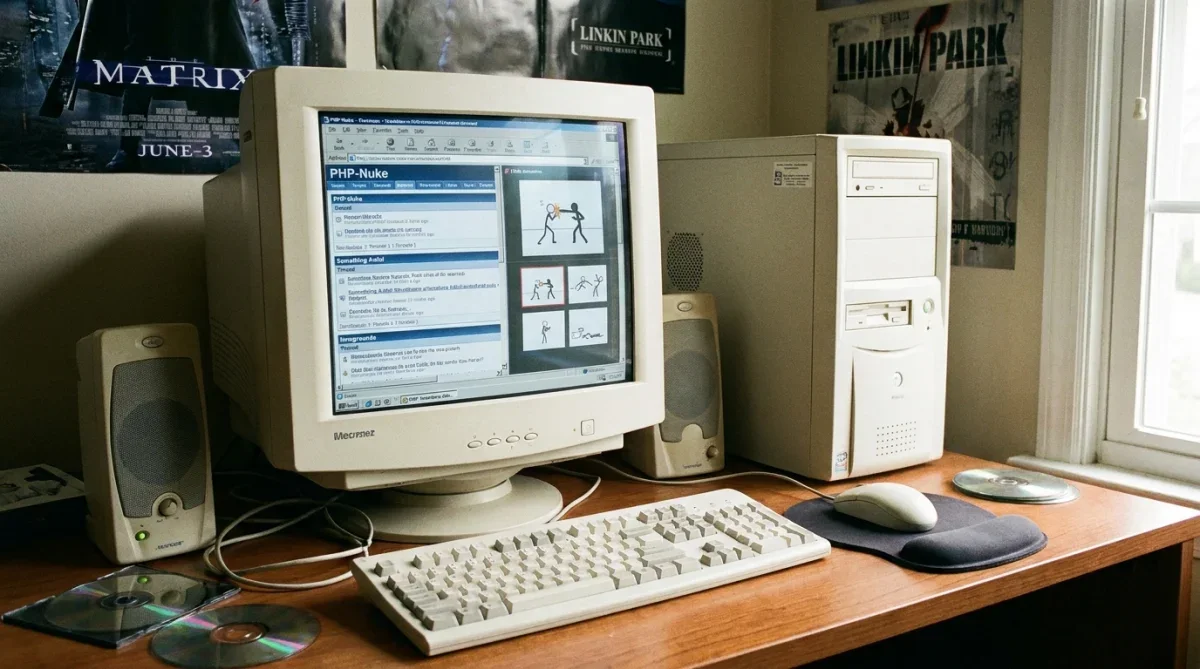Computador antigo dos anos 2000 com monitor CRT exibindo animações Flash e fóruns da web.