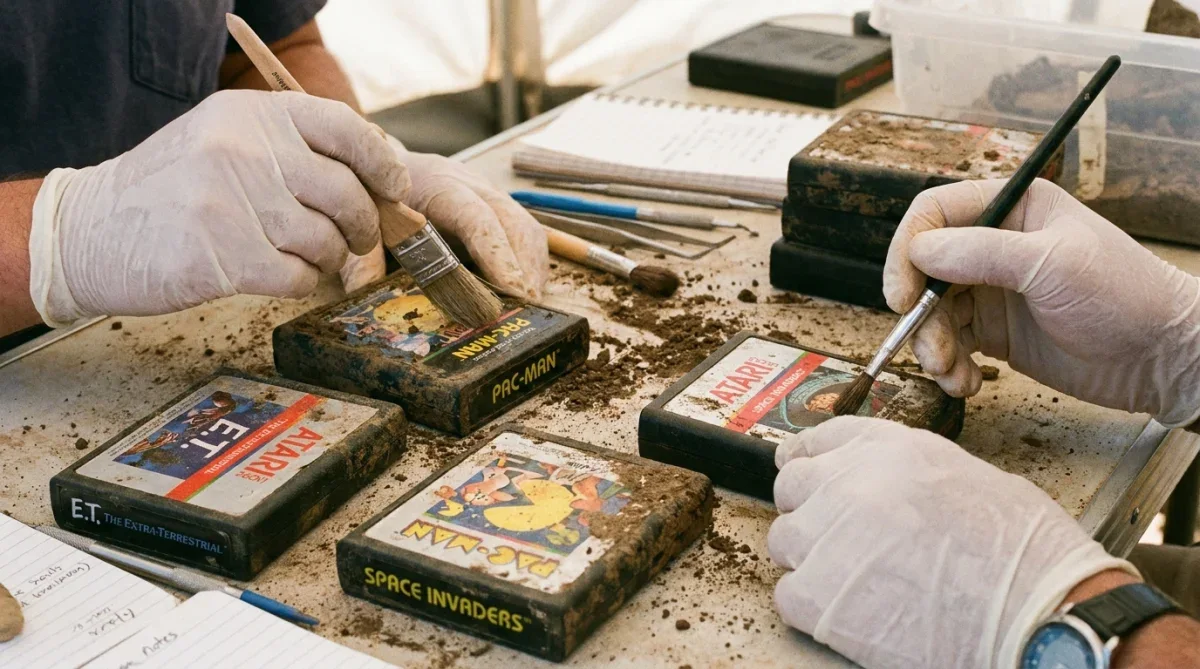 Pesquisadores limpando cartuchos clássicos de Atari 2600 desenterrados da terra