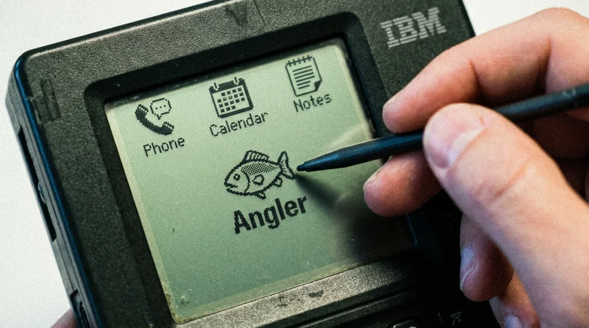Detalhe da tela monocromática sensível ao toque do primeiro protótipo de smartphone da IBM