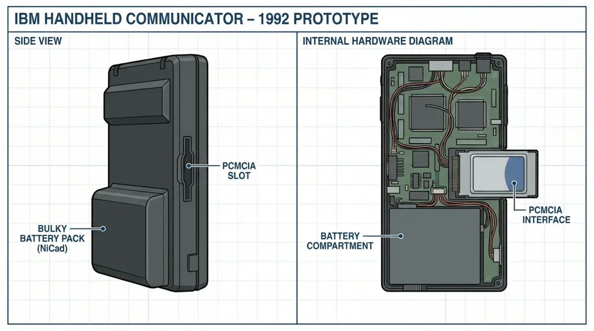 Estrutura interna e bateria do protótipo de comunicador pessoal da IBM em 1992