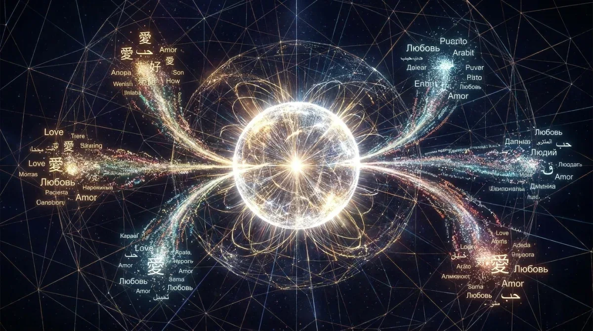 Visualização tridimensional de espaço vetorial com palavras agrupadas por significado.