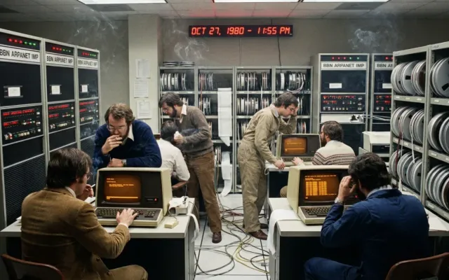 Sala de servidores dos anos 1980 com equipamentos da rede ARPANET e monitores de tubo fosforescentes.