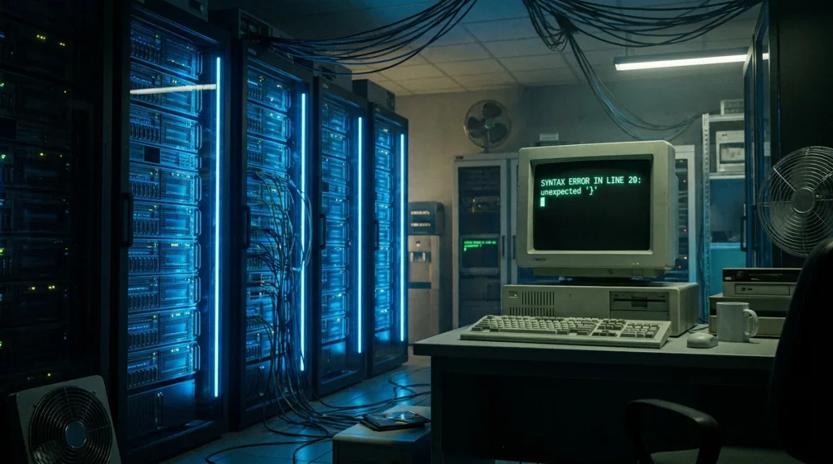 Sala de servidores com iluminação técnica representando a falha de sistema da Microsoft em 2004