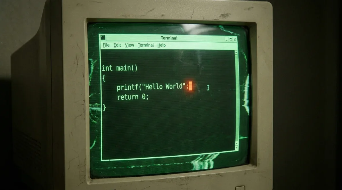 Monitor CRT dos anos 2000 exibindo linhas de comando com erro de sintaxe