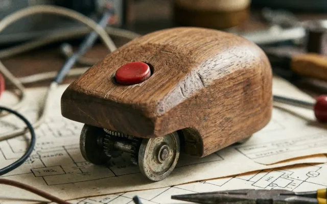 Protótipo original do primeiro mouse de madeira criado em 1964 por Douglas Engelbart sobre uma mesa de laboratório.
