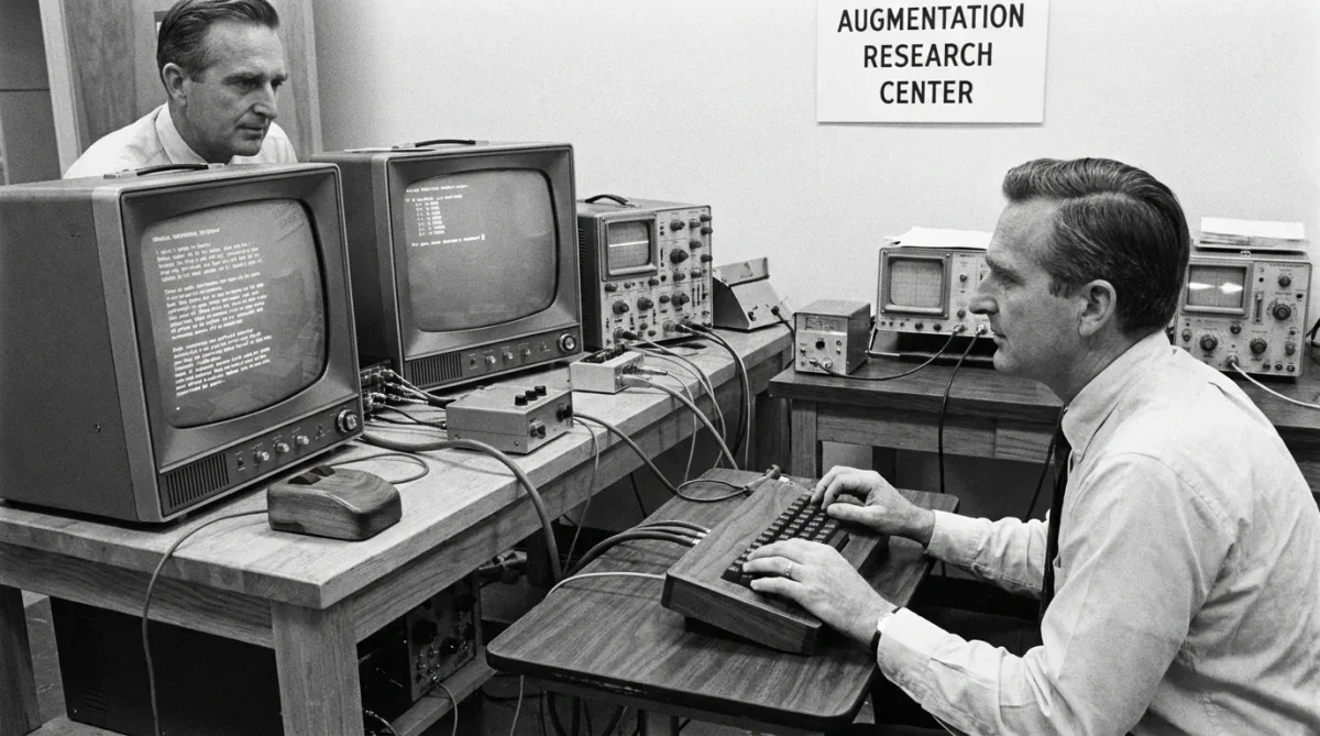 Douglas Engelbart e Bill English no laboratório do Stanford Research Institute testando o protótipo do mouse em 1964.