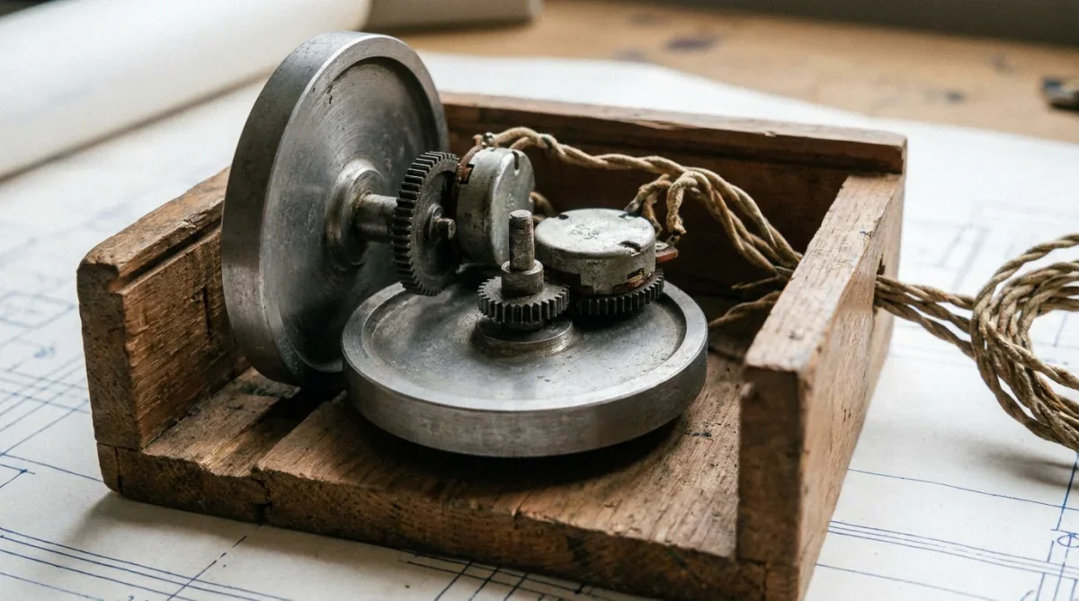 Mecanismo interno do primeiro mouse da história exibindo as duas rodas metálicas perpendiculares e potenciômetros.