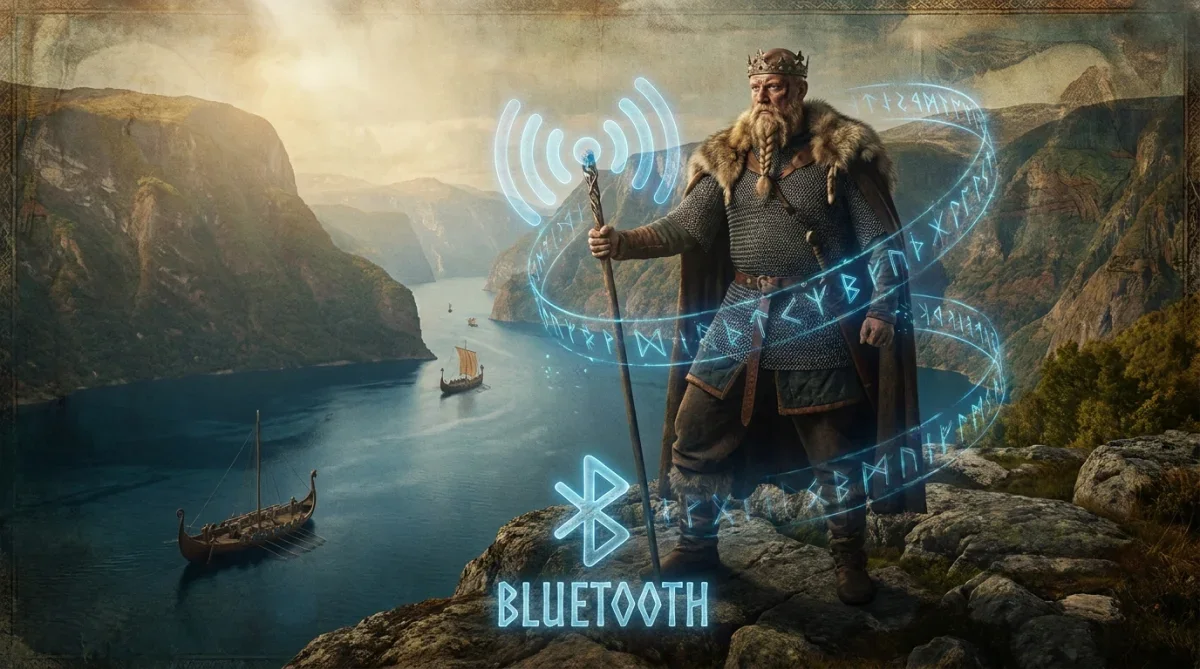 Representação artística do rei viking Harald Dente-Azul com elementos digitais modernos de conexão sem fio