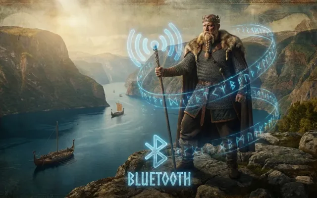 Representação artística do rei viking Harald Dente-Azul com elementos digitais modernos de conexão sem fio