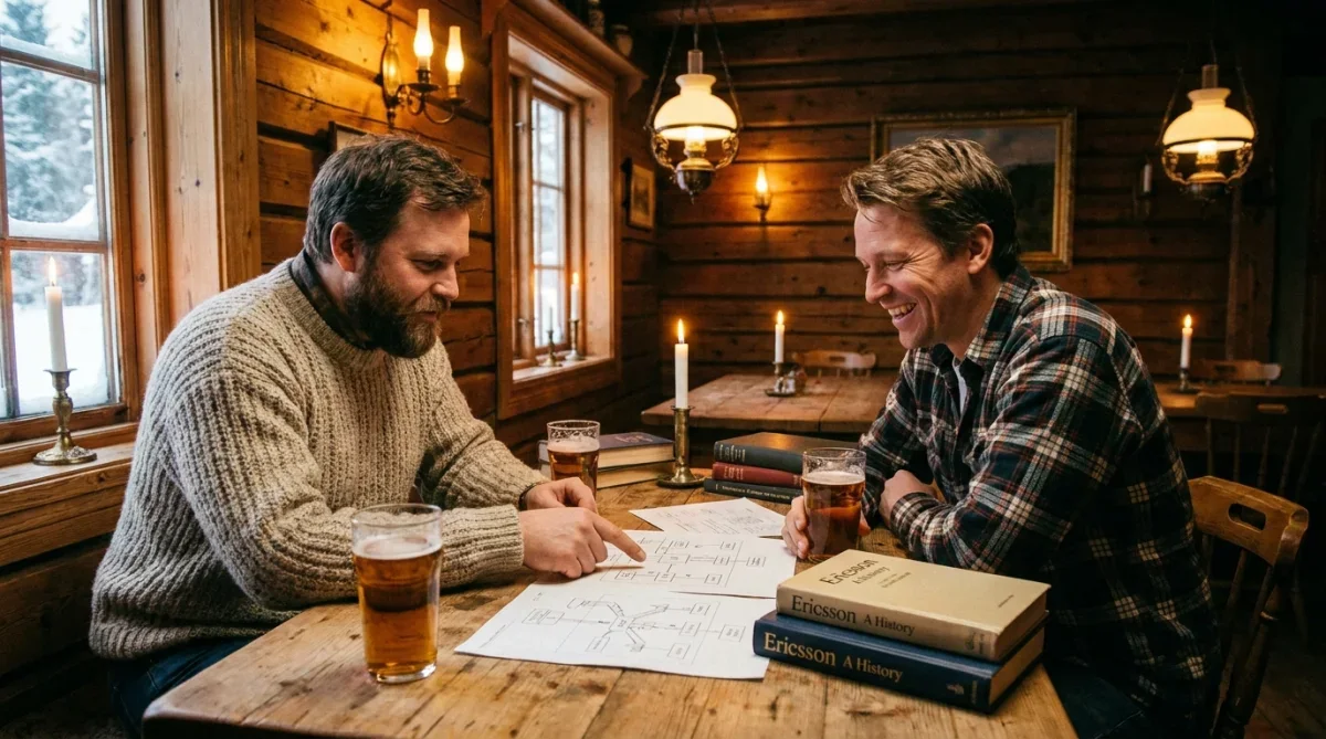 Dois engenheiros dos anos 1990 conversando em um pub sobre história e tecnologia