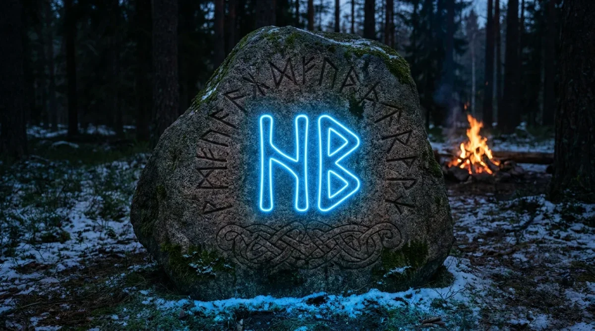 Pedra rúnica nórdica esculpida com os símbolos Hagall e Bjarkan brilhando em tom azul